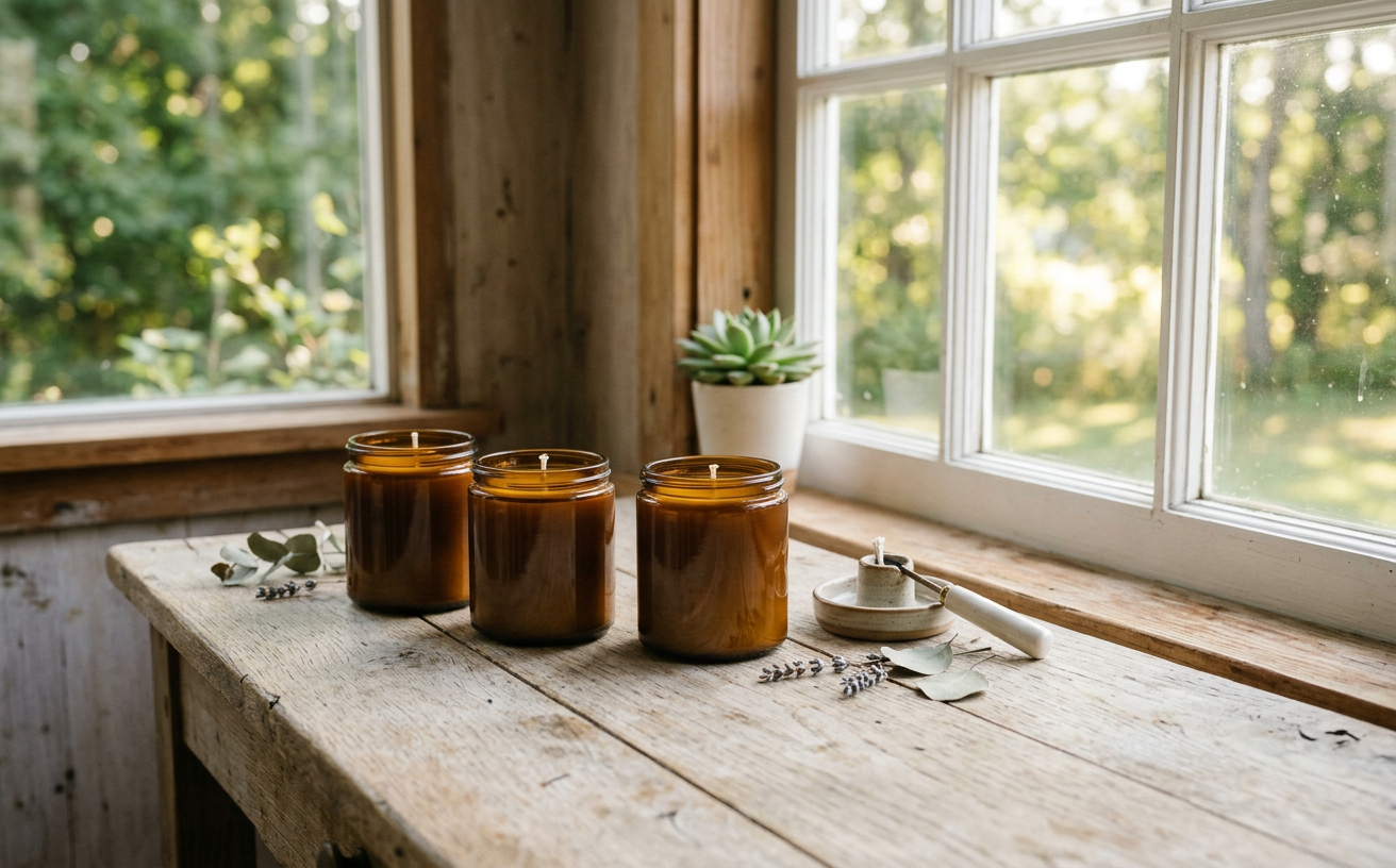 Generated image of three amber candles on a wooden table