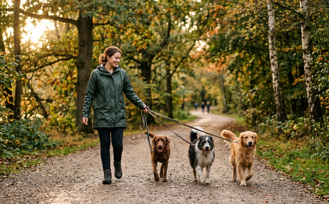 Generated image of a dog walker with three dogs on a park path